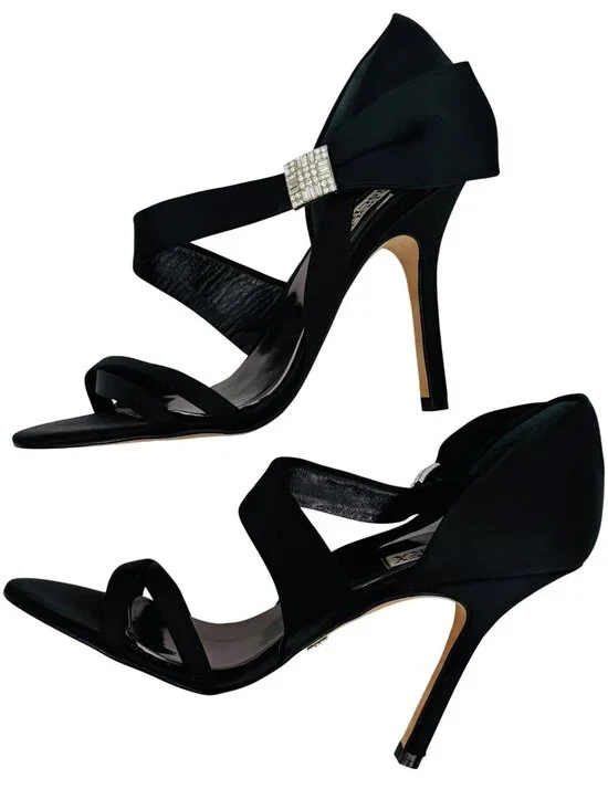 Badgley Mischka Black Satin Rhinestone Bow Heels 6 | dOrsay Formal Evening Shoes - Picture 1 of 16